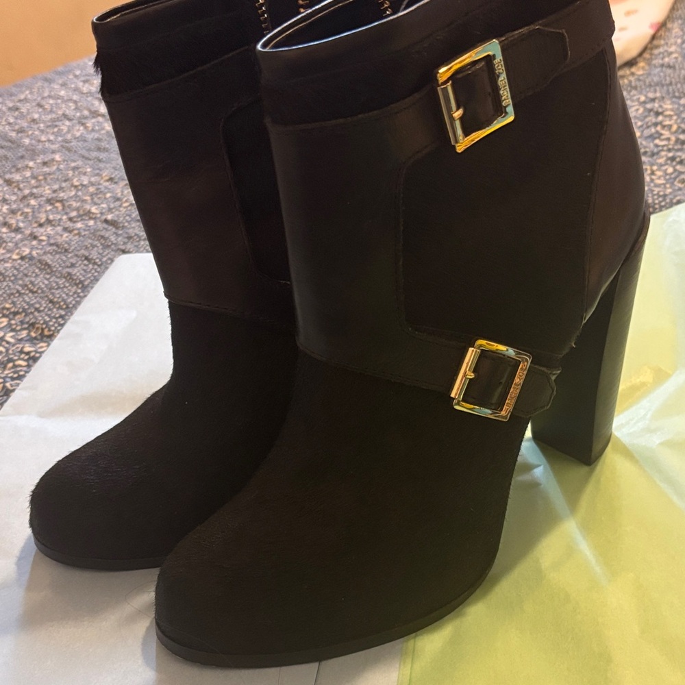 Rachel Zoe Black Heeled Boots with Gold Buckles